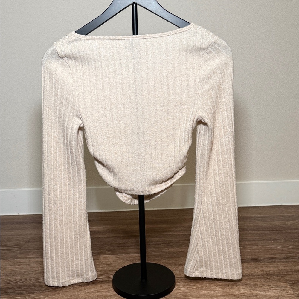 Beige Ribbed Square Neck Blouse - Picture 2 of 2